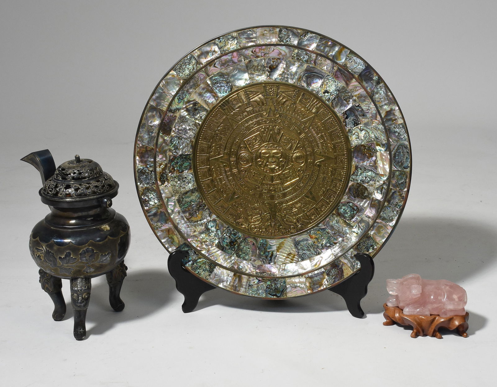 Chinese silver censer, a hardstone ox & a shell plaque (1 of 7)
