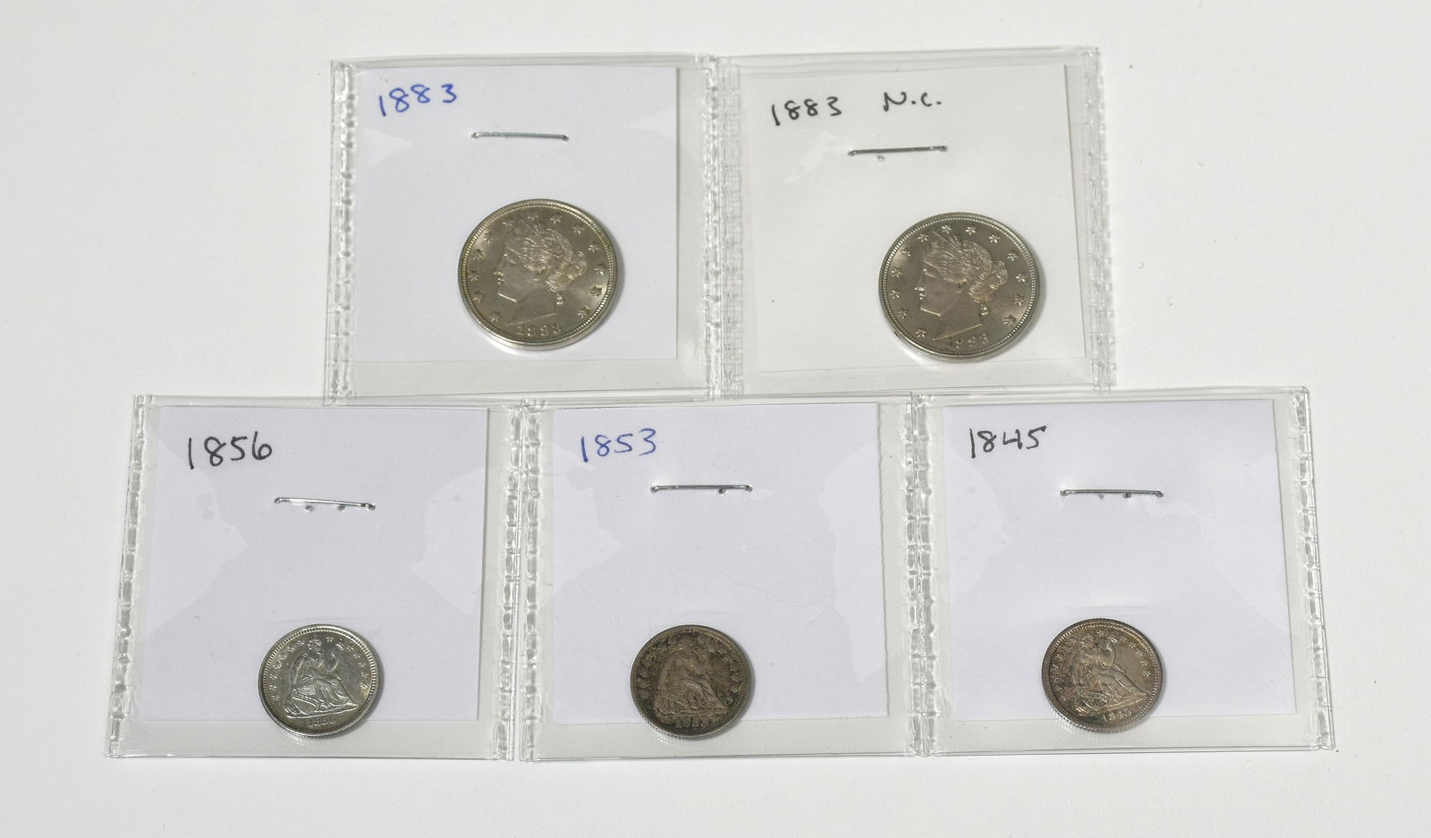 1845, 1853 and 1856 half dimes with two 1883 nickels (1 of 3)
