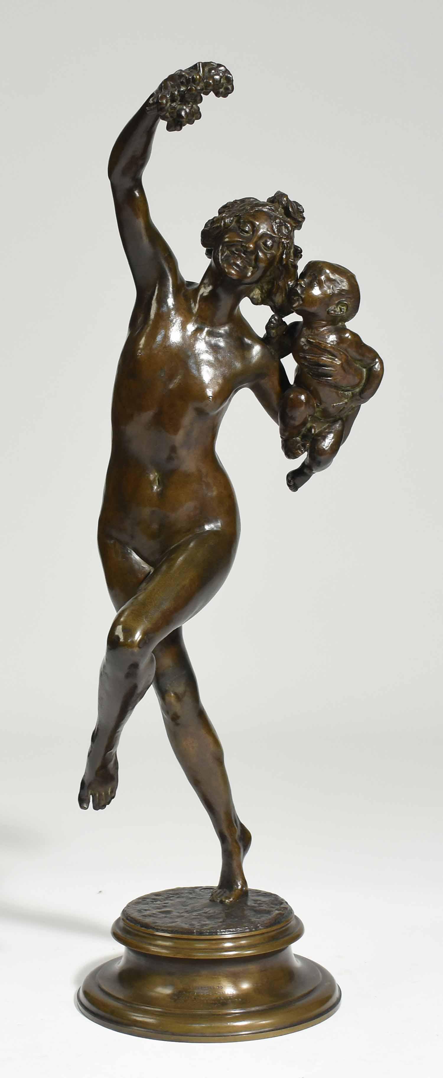 Frederick MacMonnies Bronze: Frederick William MacMonnies (New York, 1863-1937) bronze, “Bacchante and Infant Faun,” stamped “Jaboeuf et Rouard Fondeurs, Paris”, and titled on top of base, with inscription, “Presented t