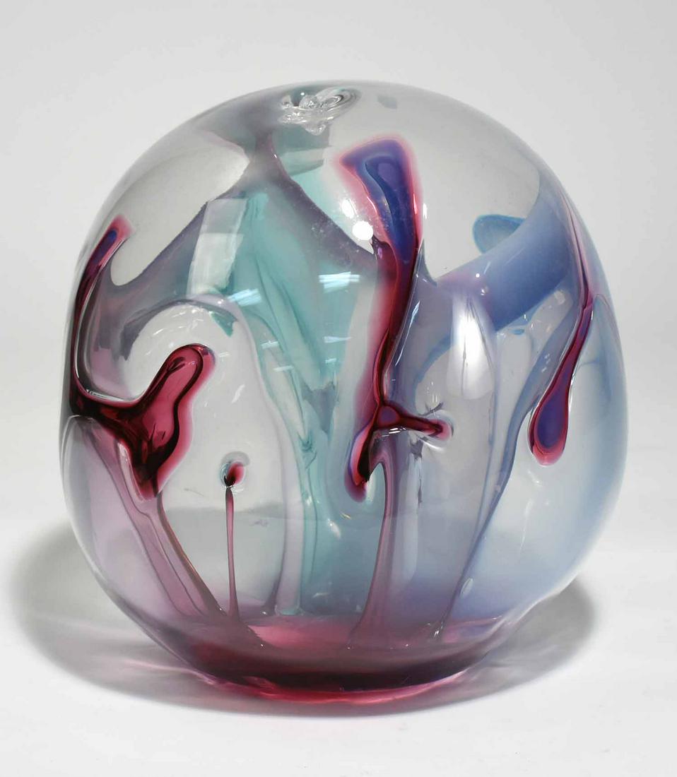 Peter Bramhall Art Glass Sculpture: Peter Bramhall large spherical art glass sculpture, 1998. Signed on bottom “Peter Bramhall, 19 January 1998, help from Andy Bird and Christine.”15”H x 12” dia. 15 lbs.