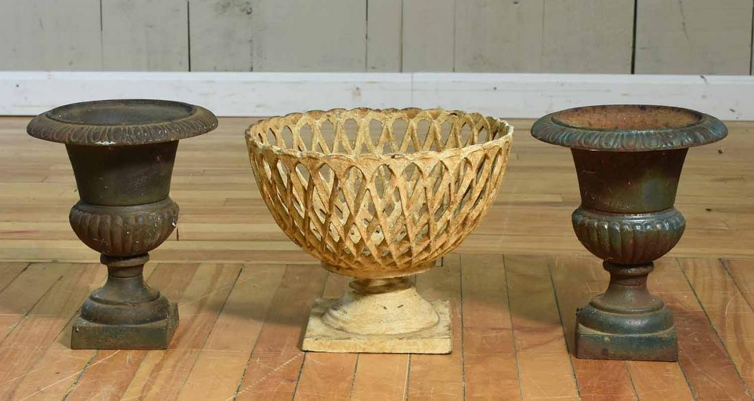 Antique Cast Iron Planters and Compote: Pair of blue green small size cast iron planters 10”H, with a reticulated cast-iron white painted compote, 9.5” H.