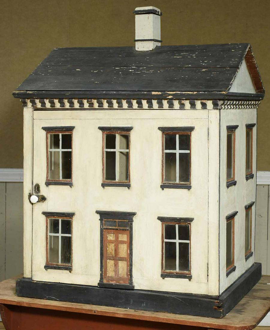 Large 19th C Painted Dollhouse: Large 19th C. doll house with four rooms, single hinged door, and windows painted white and black. 44"H. x 33"W.