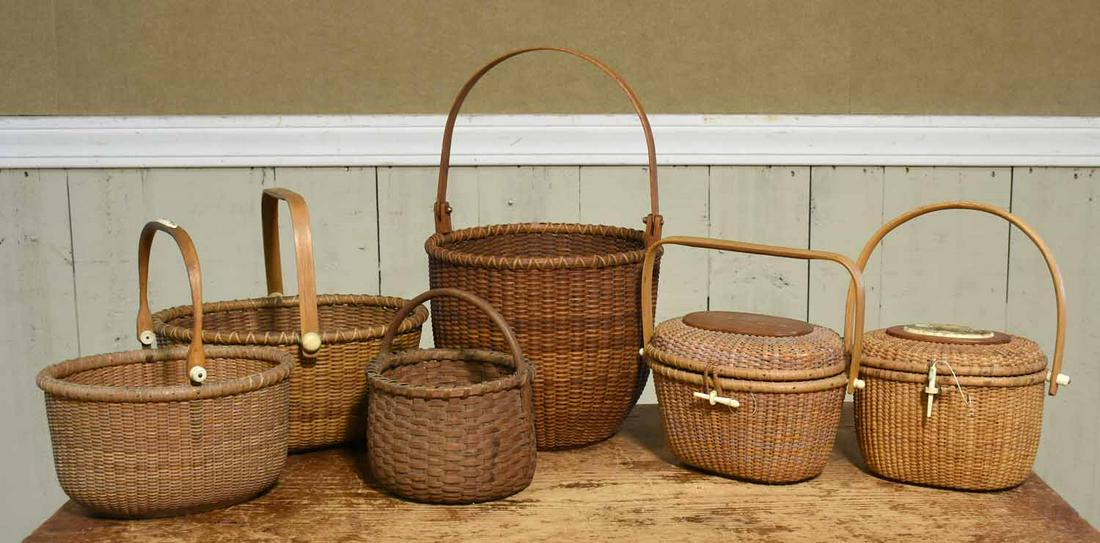 Six Nantucket and Other Baskets: Collection of six Nantucket style and other baskets, 6” to 9.5” H. Some signed.