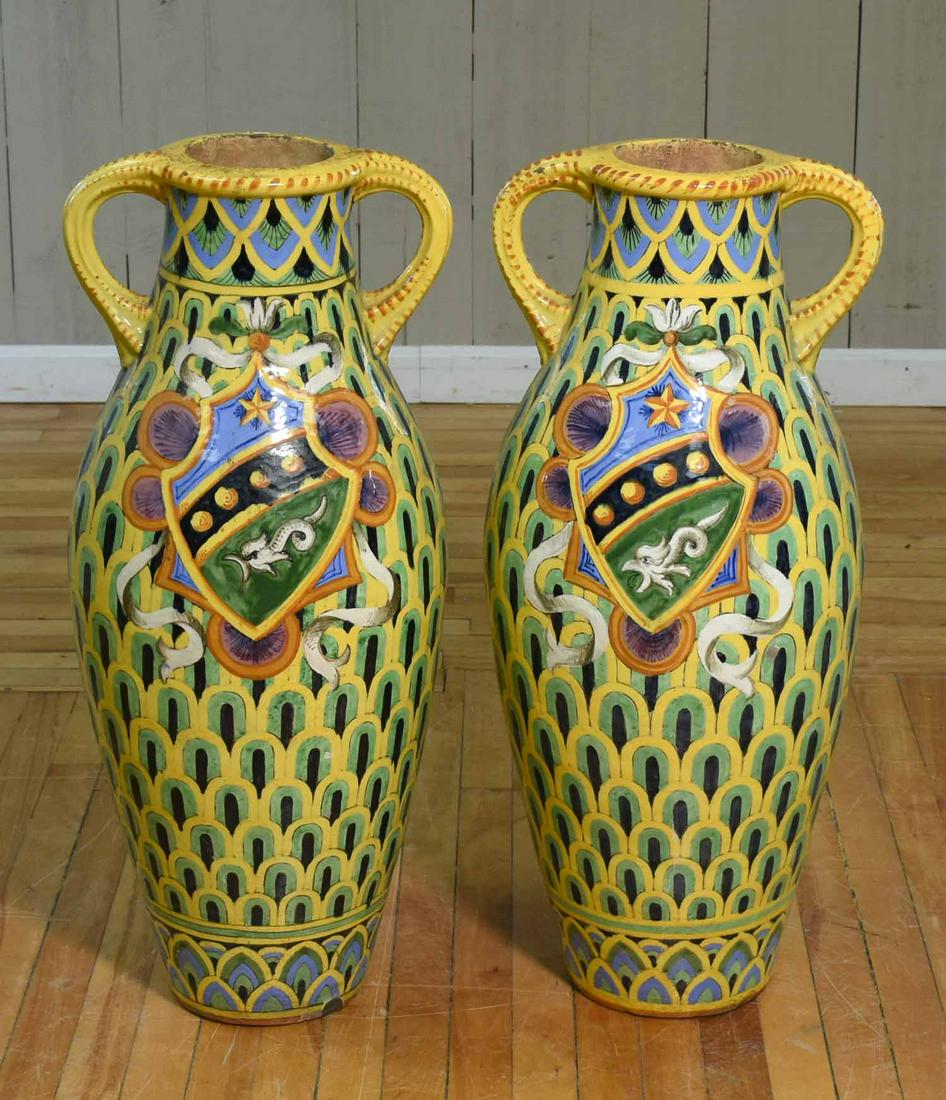 Two Italian Olive Jars: Two Italian handled redware pottery olive jars, 32"H.