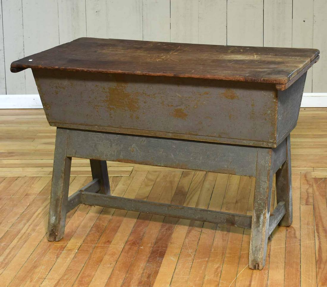 19th C. Country Dough Box: Early 19th C. blue/gray painted stretcher base dough box, 29"H. x top 43"L x 23”W.