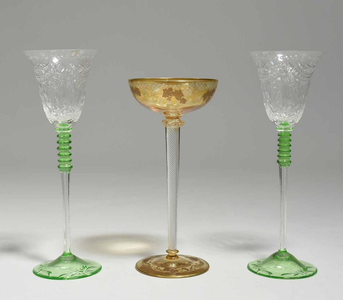 Large Moser Air Twist Wine with Pair of Cut Glass Wines: Large Moser air twist wine with gilding, 10”H x 4.5” dia.; with a pair of large wines with lime green bases, and cut decoration, 11.5”H x 4” dia. 