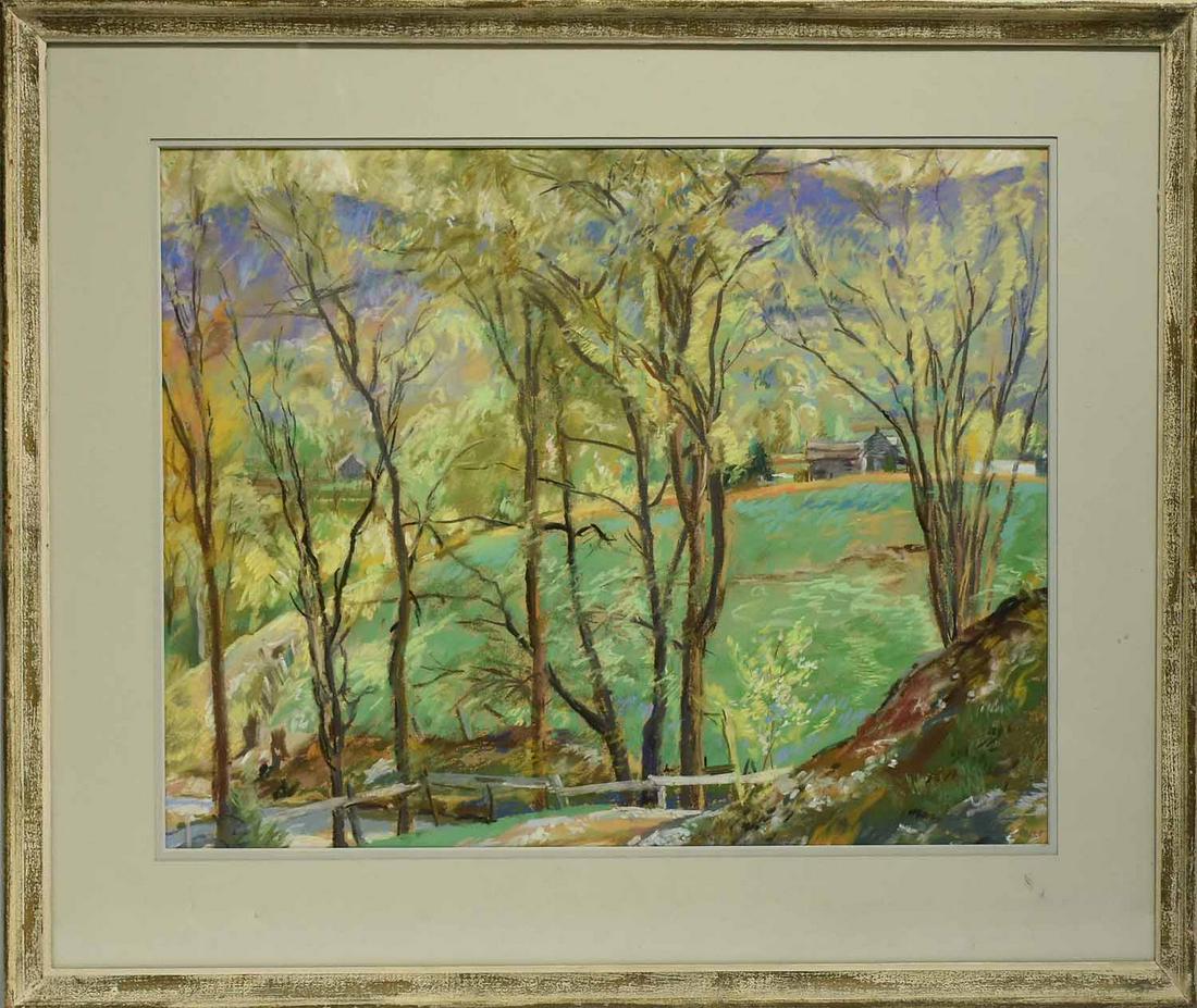 Herbert Meyer Pastel, Landscape: 20th C pastel signed lower right Herbert Meyer, springtime landscape, 16” x 21” sight size, 23” x 28” overall. 