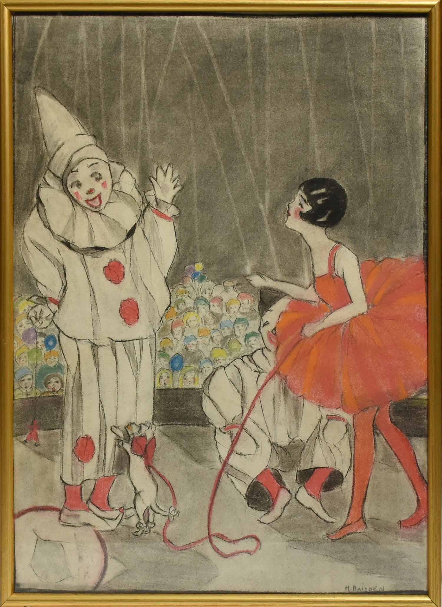 Early 20th C illustration: Early 20th C illustration, charcoal and pastel, clown and ballerina, signed H. Baisden, 22" x 16"