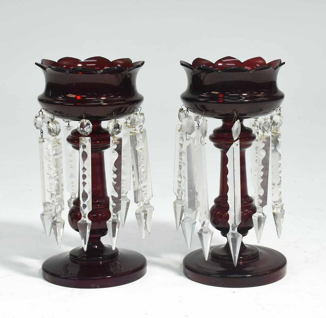 Cranberry Glass Mantle Lusters: Antique cranberry glass mantle lusters with crystal pendants, 12”H x 6.5” dia.