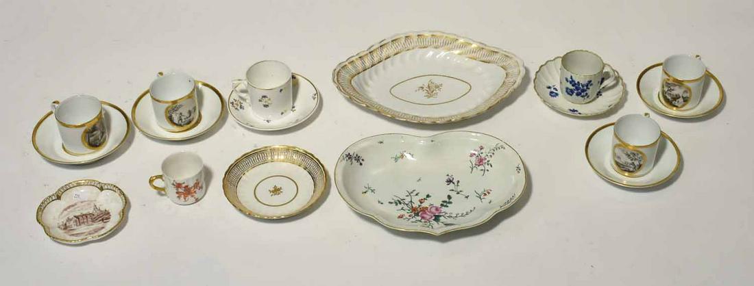 Lot of Antique Porcelain: Lot of antique porcelain including four Meissen cups and saucers, Limoges cup and saucer, and other trays