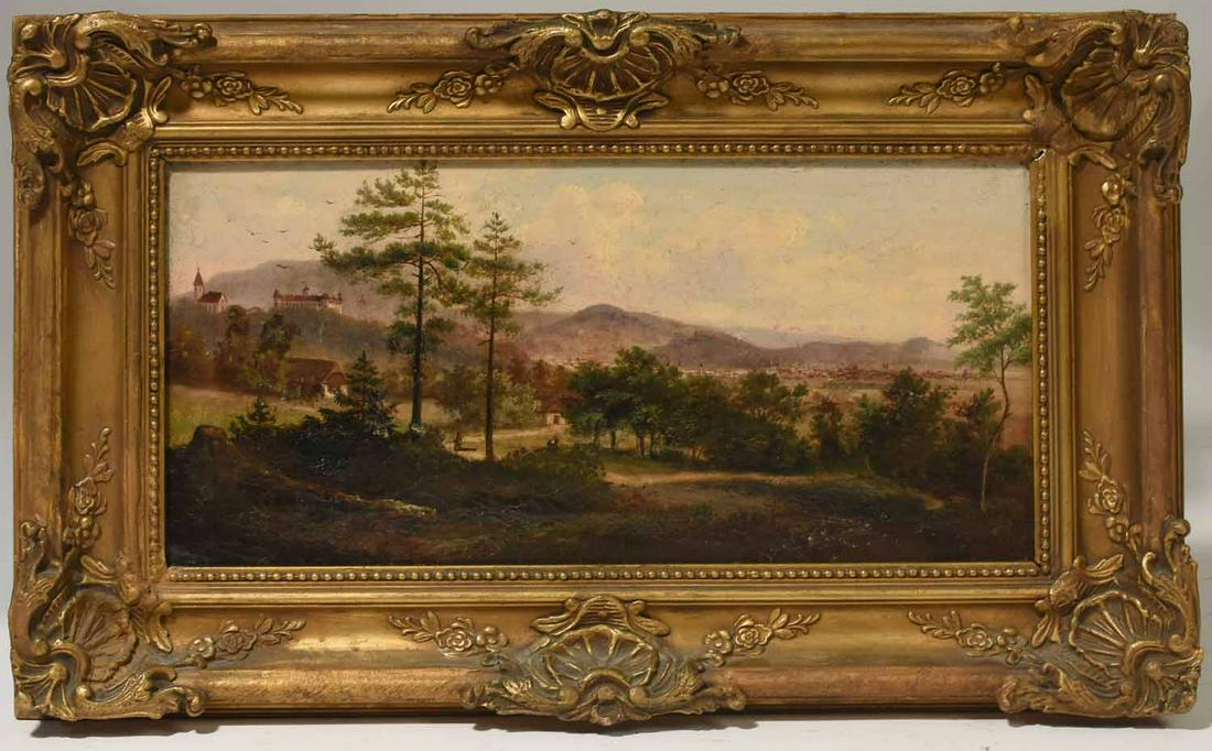 19th C. European Oil: 19th C. European oil on canvas, landscape with town in distance, in elaborate gilded frame, 9" x 17" stretcher, 14" x 22.5" frame