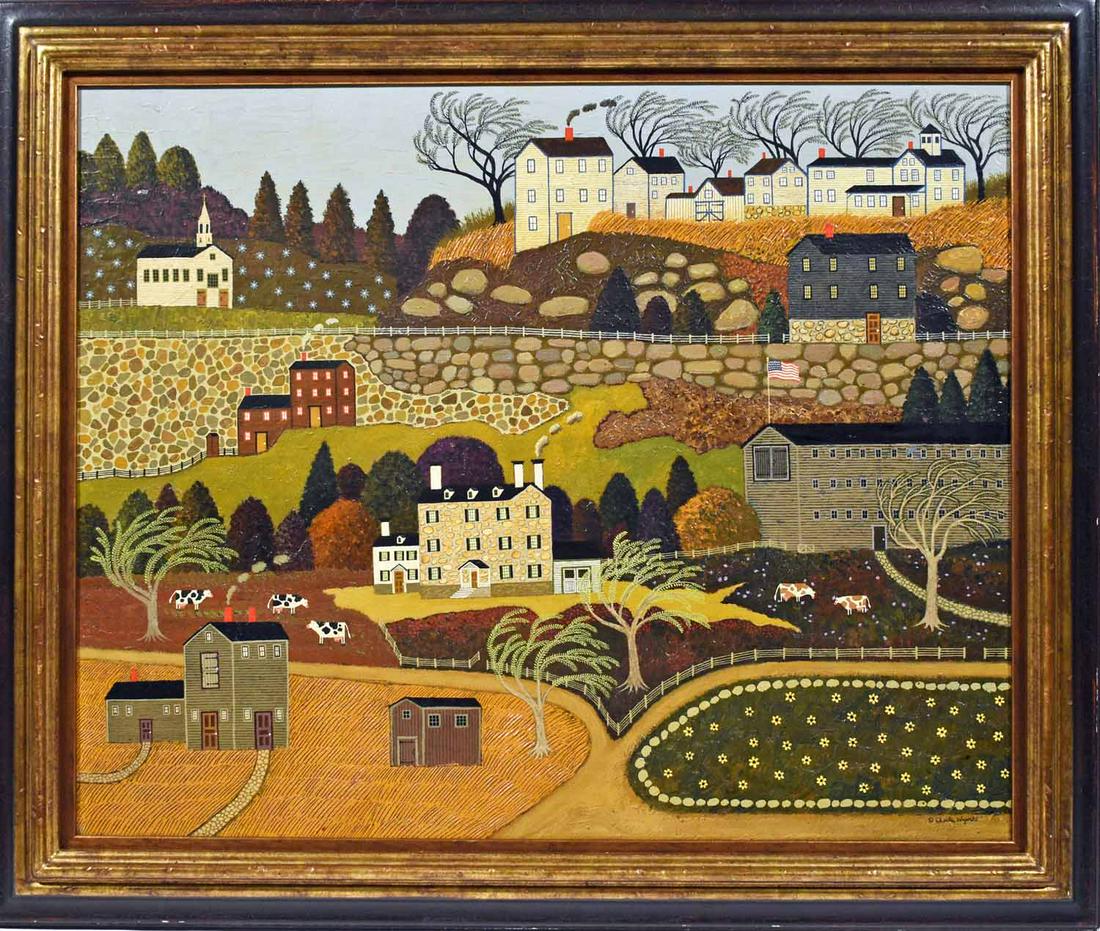 Charles Wysocki Oil, Maine Community: Charles Wysocki (US, 1928-2002) oil on canvas, “Maine Community”, dated 1967, stretcher 24” x 30”, with frame 30” x 36”. Exhibited at Triton Museum of Art, San Jose CA.; J. Walter Thompson