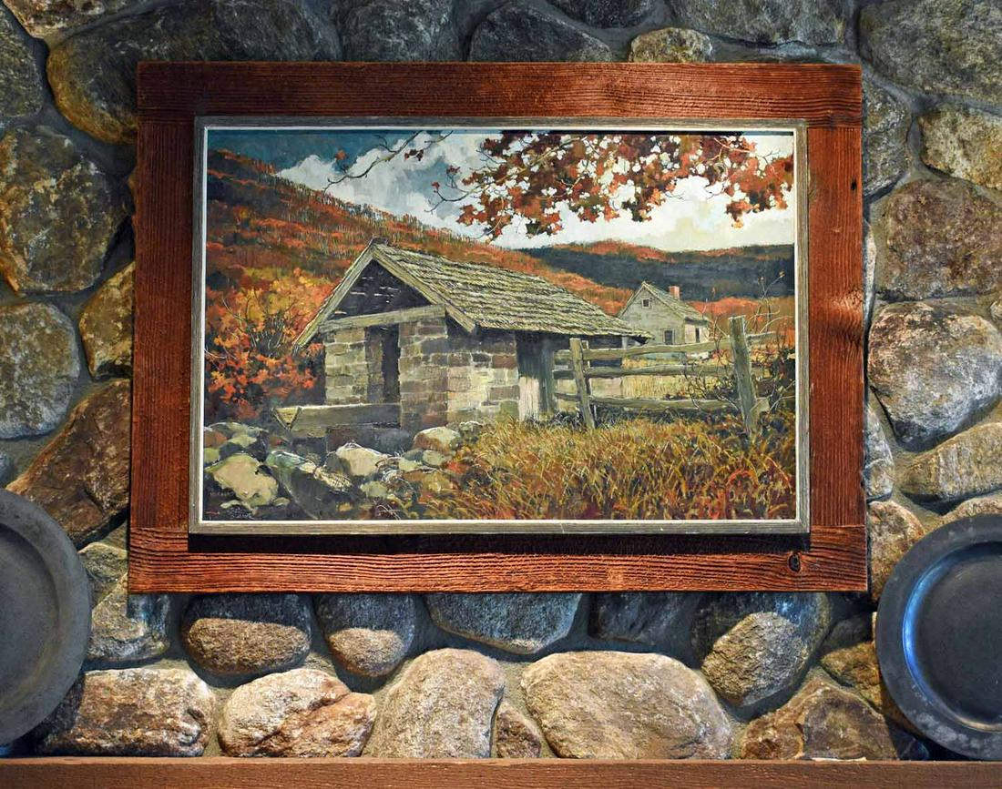 Eric Sloane Oil, The Milk House: Eric Sloane (NY, 1905-1985) oil on masonite, "The Milk House", with Sloane's quintessential autumn colors, ca. 1960. Signed and titled lower left, in a vintage barn board frame. 24" X 36" board, 44.5"