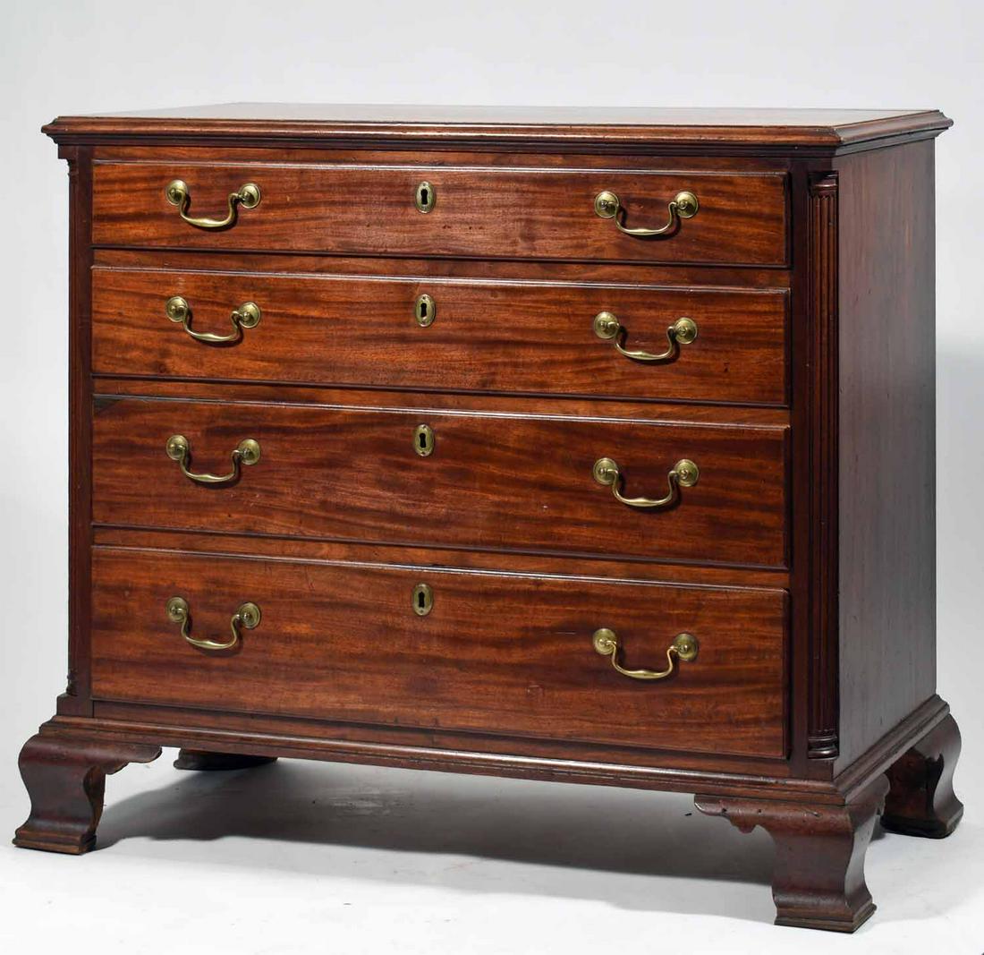 18th C. PA Chippendale Mahogany Chest: 18th C. PA Chippendale mahogany chest, a four-drawer example with fluted quarter columns and ogee feet, retains original brass and old finish, 34”H x 38” W x 18.5” D. 