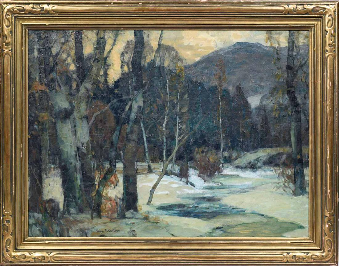 John F. Carlson Oil, Mountain Stream: John Fabian Carlson (NY, 1875-1945) oil on canvas, late afternoon winter landscape titled "Mountain Stream", signed lower left and on reverse, in a period frame, 18" x 24", overall 23" x 29". Provenan