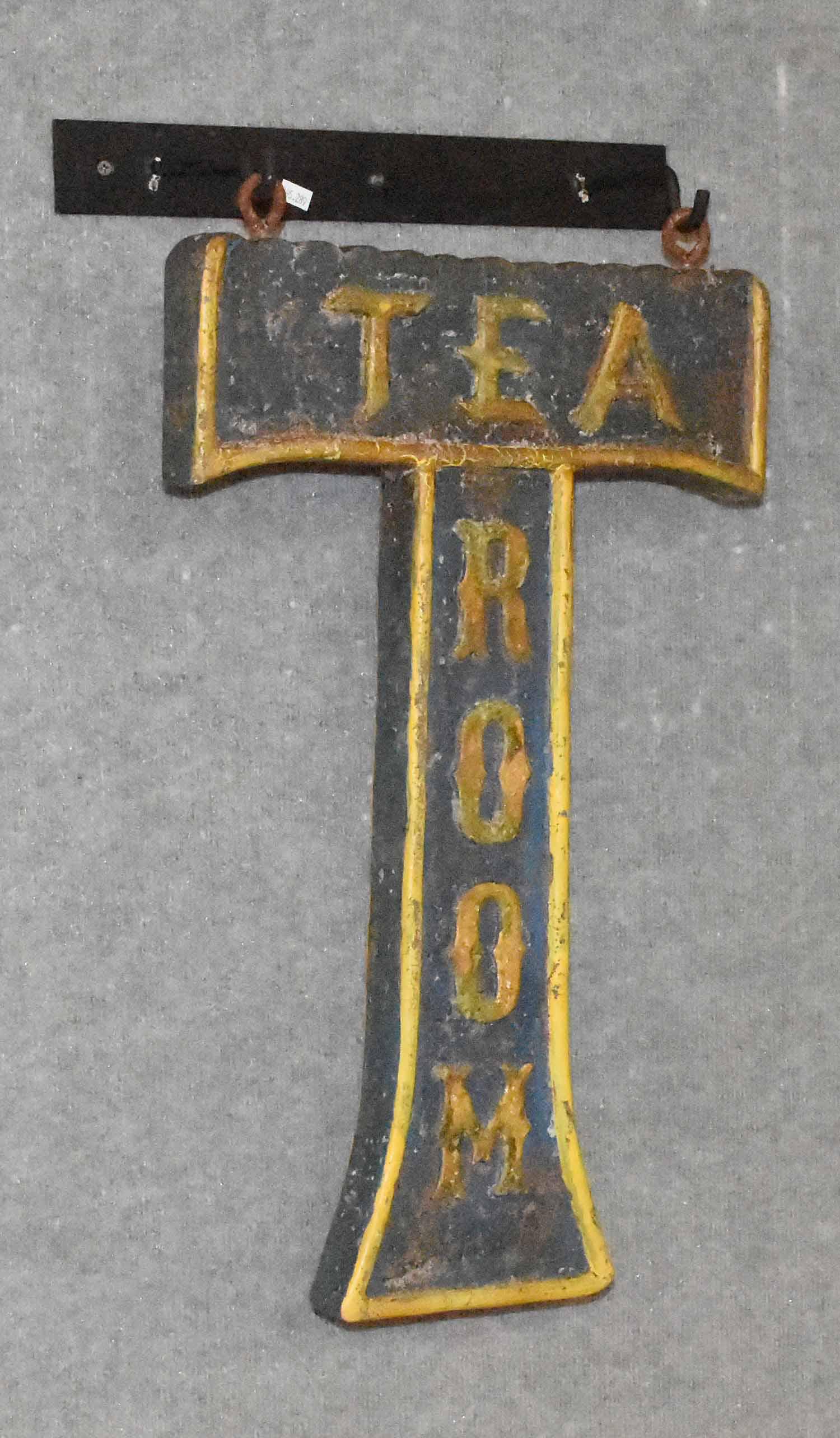 Antique Iron Tea Room Sign: Antique hanging painted iron Tea Room sign, with wall bracket, 23” x 13.5”W.