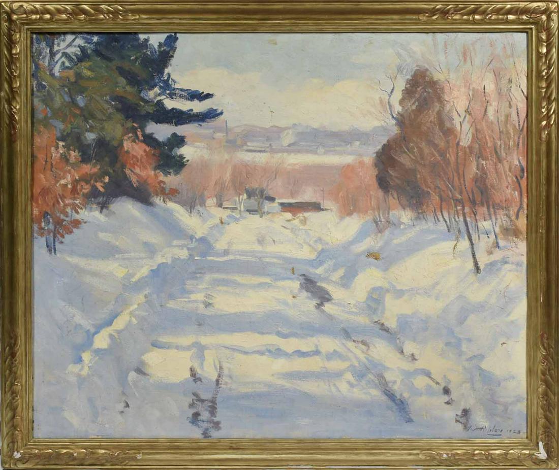Aiden Lassell Ripley, (MA, 1896-1968) Oil: Aiden Lassell Ripley, (MA, 1896-1968) oil on canvas, snowy winter road with village in distance, signed A. L. Ripley dated 1928, 30” x 36” in an arts and crafts frame signed Thulin 1929, f