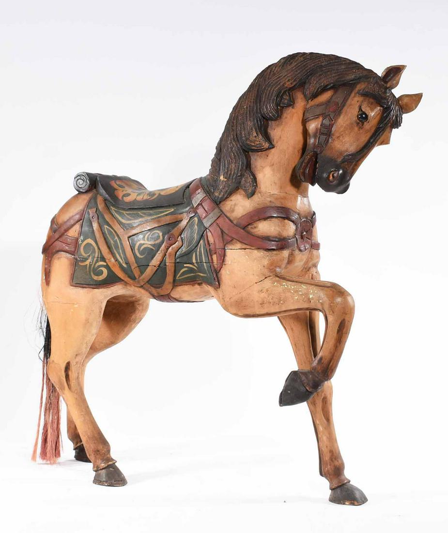 20th C. Painted Wooden Carousel Horse: Early 20th C. carved gesso and painted wooden carousel horse, 43”L x 50”H x 13”W.