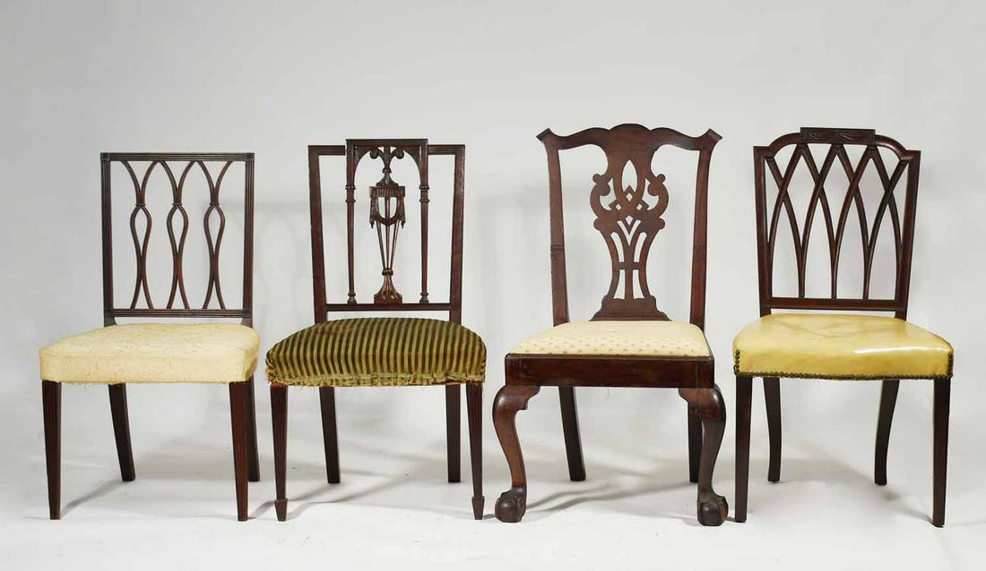 Three Federal Chairs, Chippendale Chair: Four period Federal and Chippendale chairs, including Portsmouth example, McIntier example, Duncan Phyfe school example, with a Chippendale chair. Seat eight all 17”, 35” - 37”H.