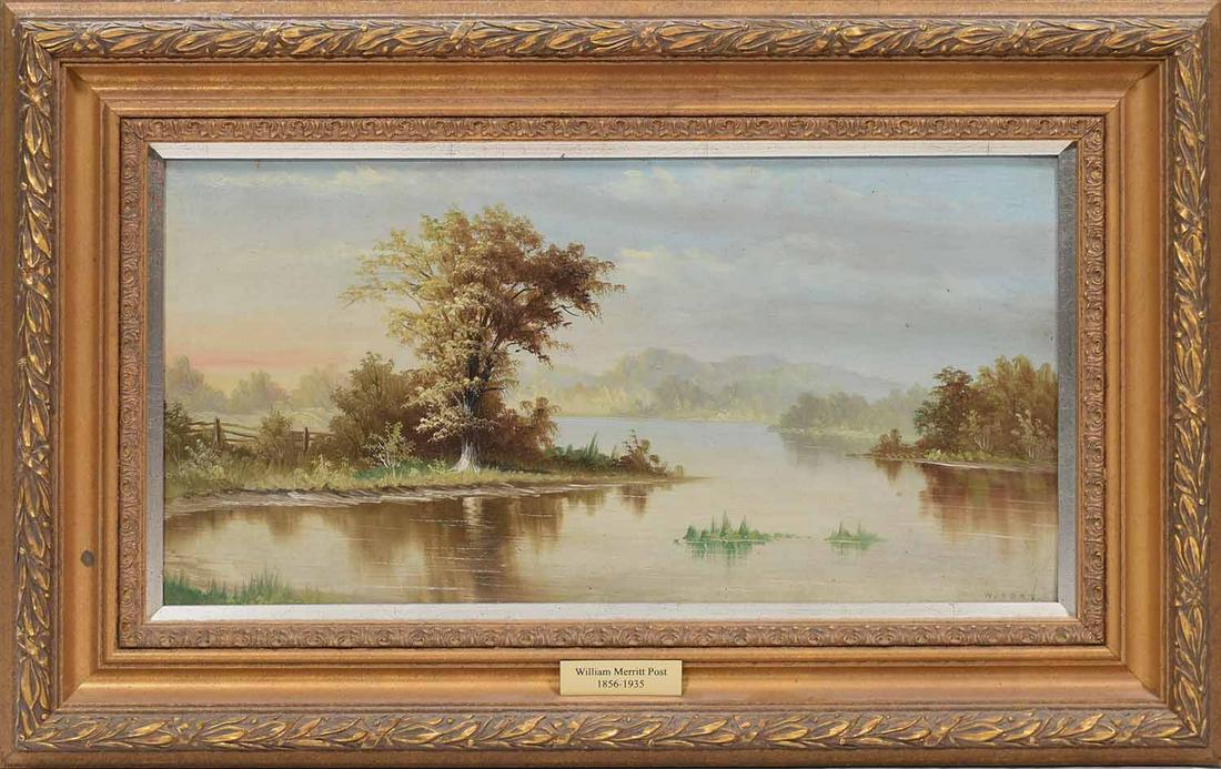 William Merritt Post (CT, 1856-1935) Oil, River: William Merritt Post (CT, 1856-1935), oil on paper board, New England river scene, signed W. Post lower right, 10” x 19”, in a contemporary frame, overall 17” X 26”