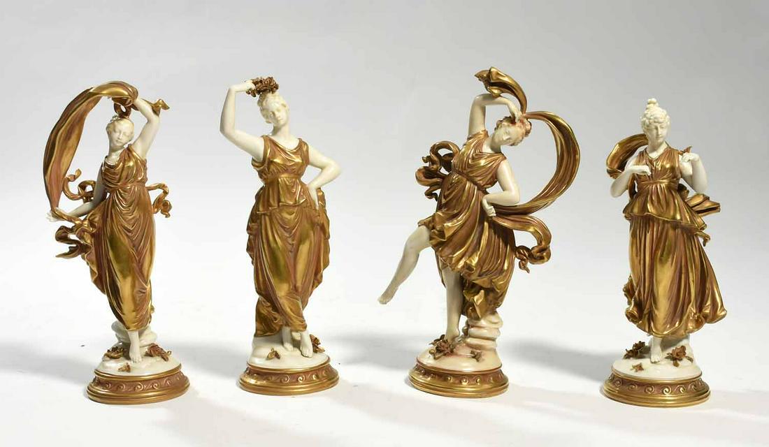 Four Porcelain Capodimonte Figurines: Four Capodimonte porcelain and gilded figurines, dancing maidens, with blue stamps on bottom, 9.5”-10.5”H. 