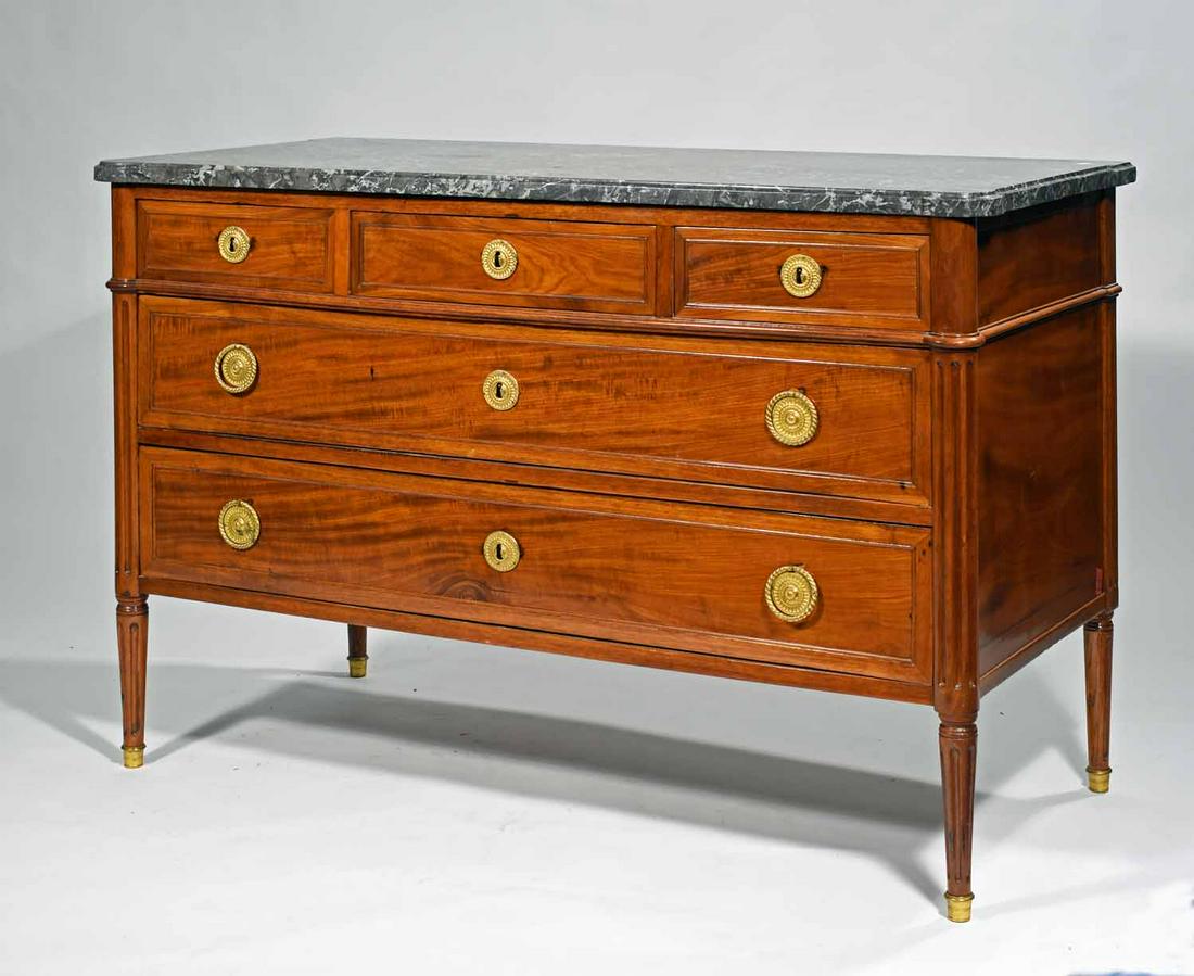 Period French Louis XVI Fruitwood Commode: Period French Louis XVI fruitwood commode, ca.1800 three-over-two drawer commode, with grey marble top, on reeded legs, 34"H. x 50"L. x 23"D.