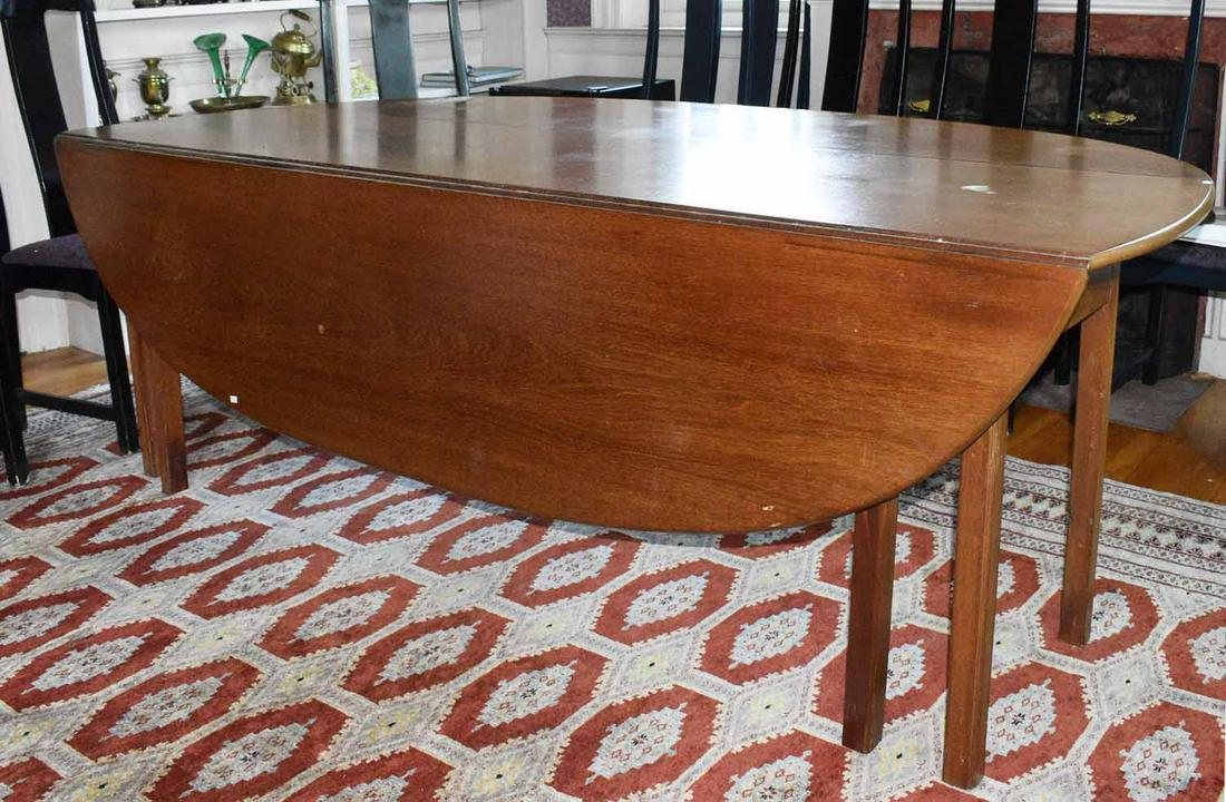 Period Irish Mahogany Wake Table: Period Irish mahogany drop leaf wake table, dense single board top and leaves, on square molded leg, 91"L x 59"W (open) 22"W (closed) X 28.5"H. 