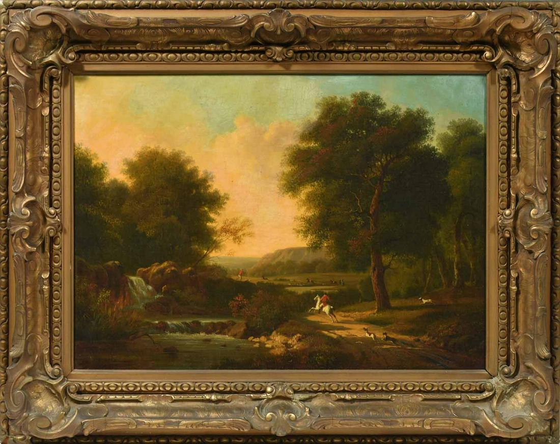 19th C. English Oil, Fox Hunting: 19th C. English school oil on canvas, English landscape depicting an, English fox hunt with riders on horse back and hounds, 17" X 23.5" in a period frame 25" X 1" overall.