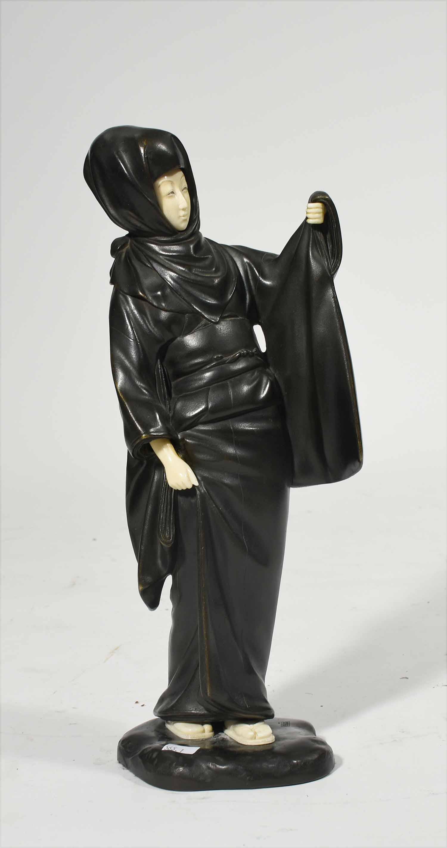 Fine Japanese Meiji Bronze Geisha: Fine Japanese Meiji bronze Geisha, a standing figure of a geisha girl with carved bone, signed on base, 16”H