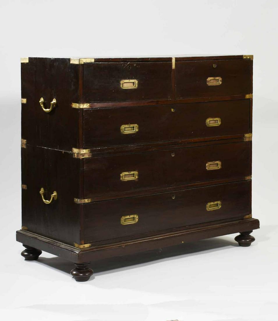 19th C. English Mahogany Campaign Chest: 19th C. English two-part mahogany campaign chest, dovetailed construction, with cleaned and polished recessed brass, on bun feet. 42”W x 41.5”H x 21.25"D. 