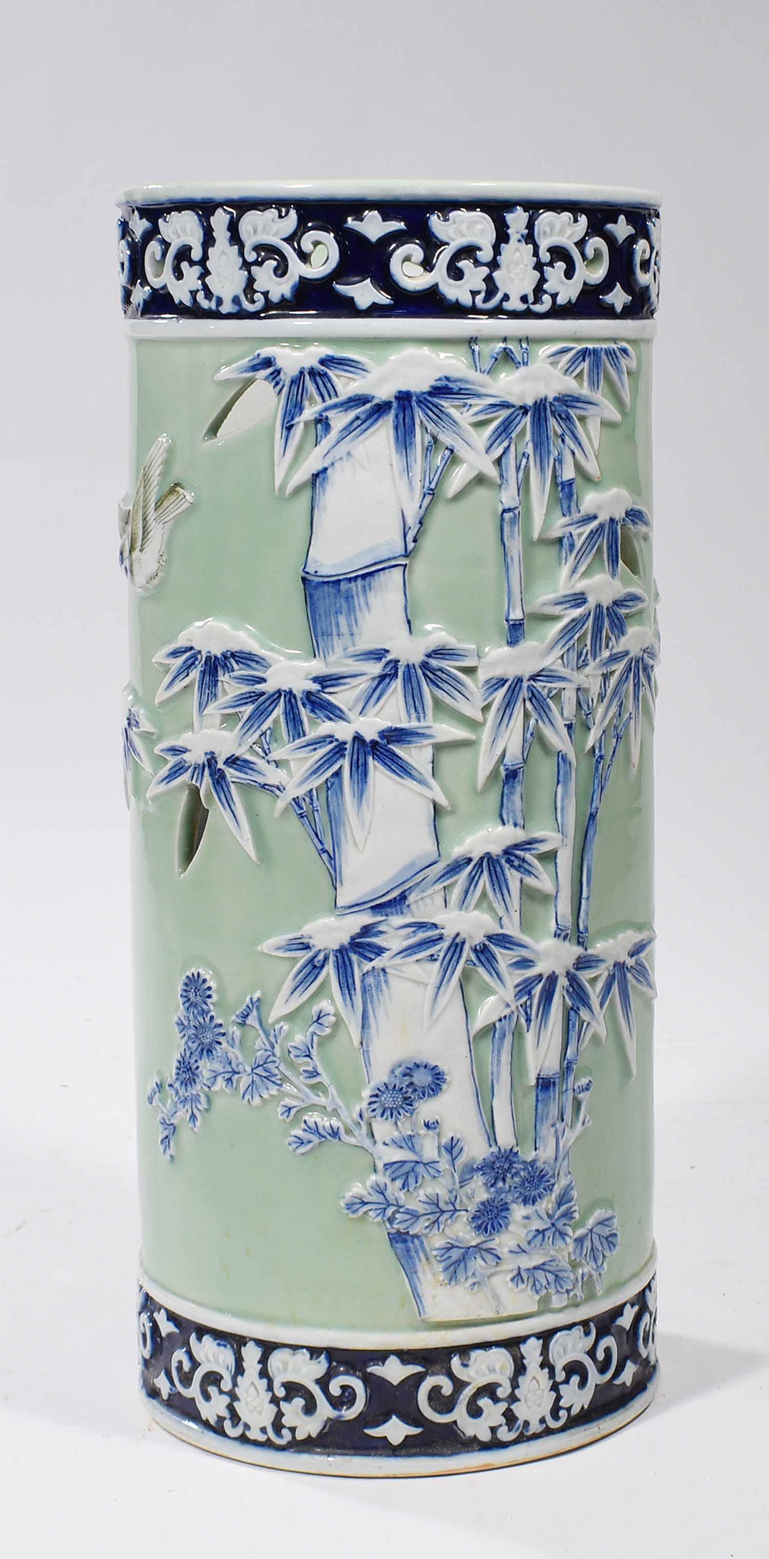 19th C. Chinese Celadon Unbrella Holder: 19th C. Chinese celadon umbrella holder, embossed bamboo tree design, 25"H. x 11"D.