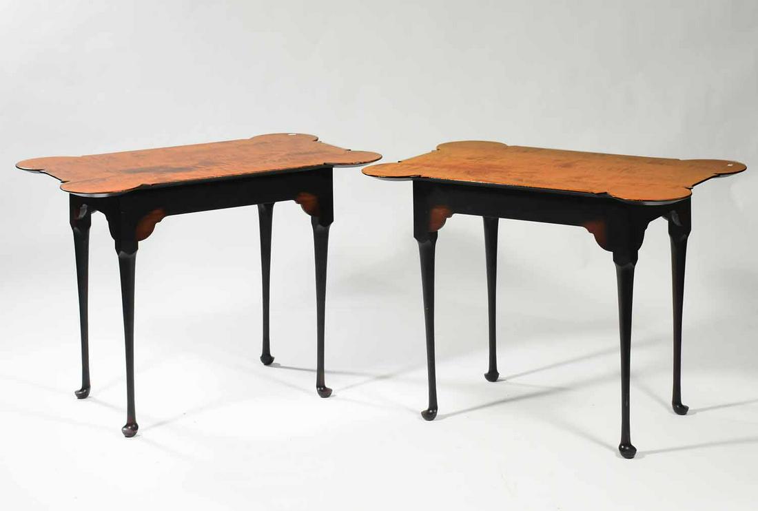 Pair of Tiger Maple Side Tables: Pair of custom made tiger maple porringer top tea tables, Queen Anne style, 33"L. x 22"W. x 26"H.