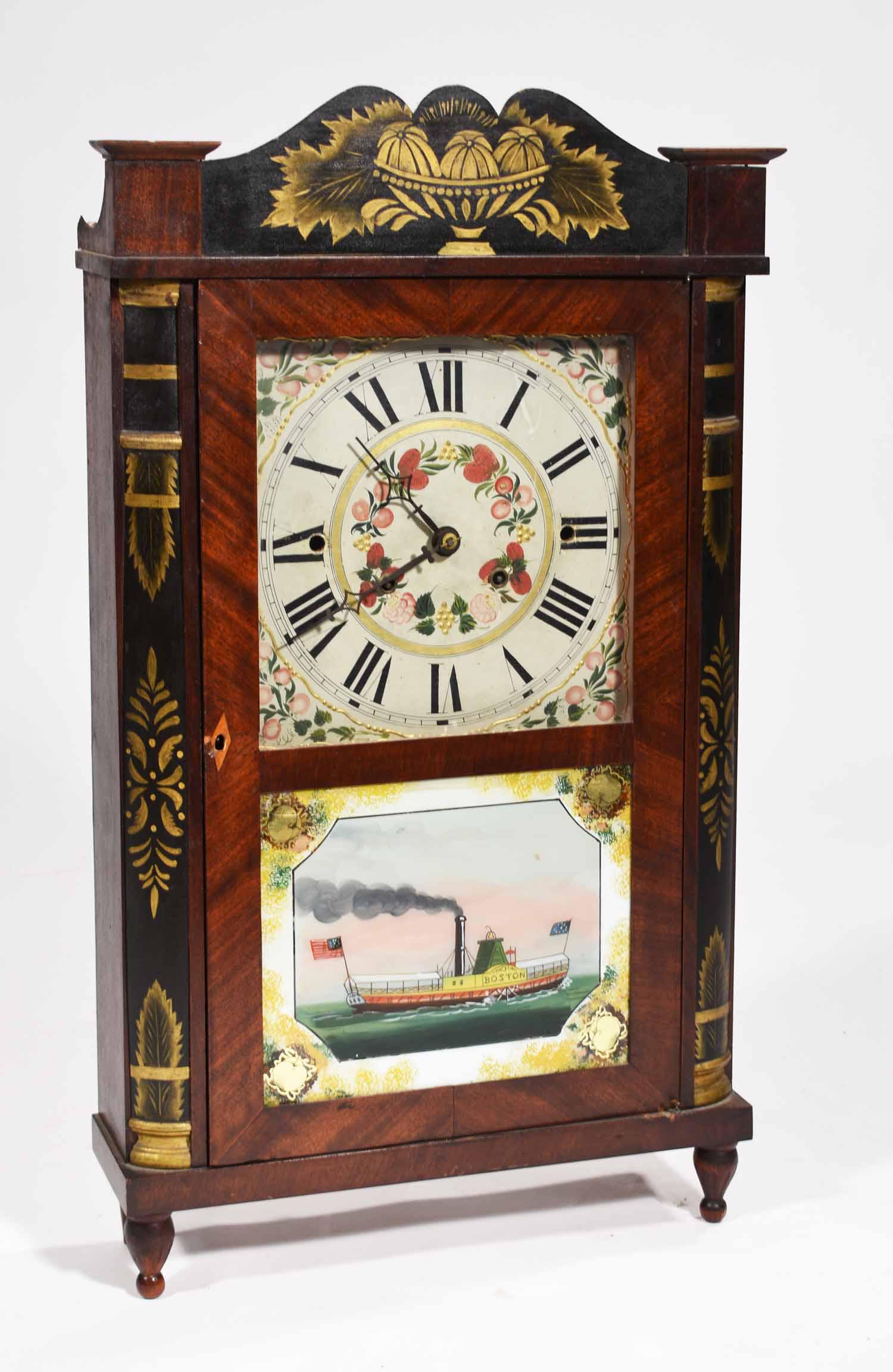 Classical Mantle Clock: Classical mantle clock with paddle wheel decorated tablet, "Boston", Henry Judd label. 28”H x 16”W. 