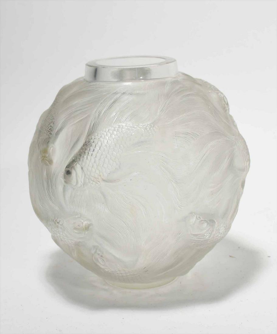 Lalique Frosted Fish Vase: Lalique frosted fish vase, globular shape vase blown out design fish (carp) signed R. Lalique, 7"H x 6"W