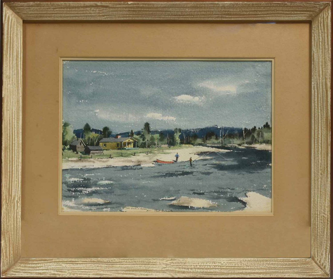 Paul Sample Watercolor, Fishing: Paul Starrett Sample (1896-1974) watercolor, fishing scene, choice example of Sample’s watercolors, two figures and red canoe along the river's edge fishing with yellow cottage in background, signed