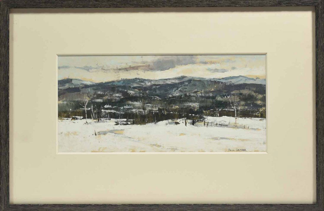 Paul Sample Oil, Winter Landscape: Paul Starrett Sample, (1896-1974) oil winter landscape, framed under glass an oil and mixed media depicting a winter mountain scene landscape with a small township off in the distance, image size 8" X