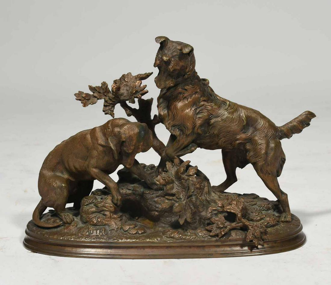 Ferdinand Pautrot Bronze: Ferdinand Pautrot (French 1832-1874) bronze hunting dogs, 2 hunting dogs anxiously awaiting their prey that hides in the hole, signed F. Pautrot, 8”H x 11”L