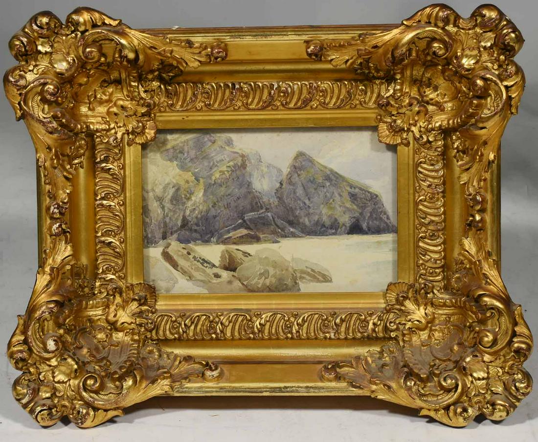 Attributed William Trost Richards Watercolor, Shoreline: Attributed William Trost Richards watercolor, “Mohegan Island, Maine” 1882, with labels on reverse, unsigned, 6” x 9” image size, 14” x 18” overall.