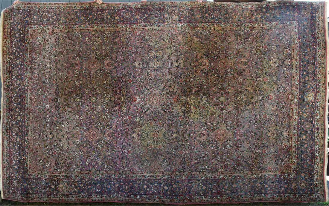 Oriental room size rug: Oriental room size rug, light pink field with floral decoration and light blue border. 9’10” x 16’