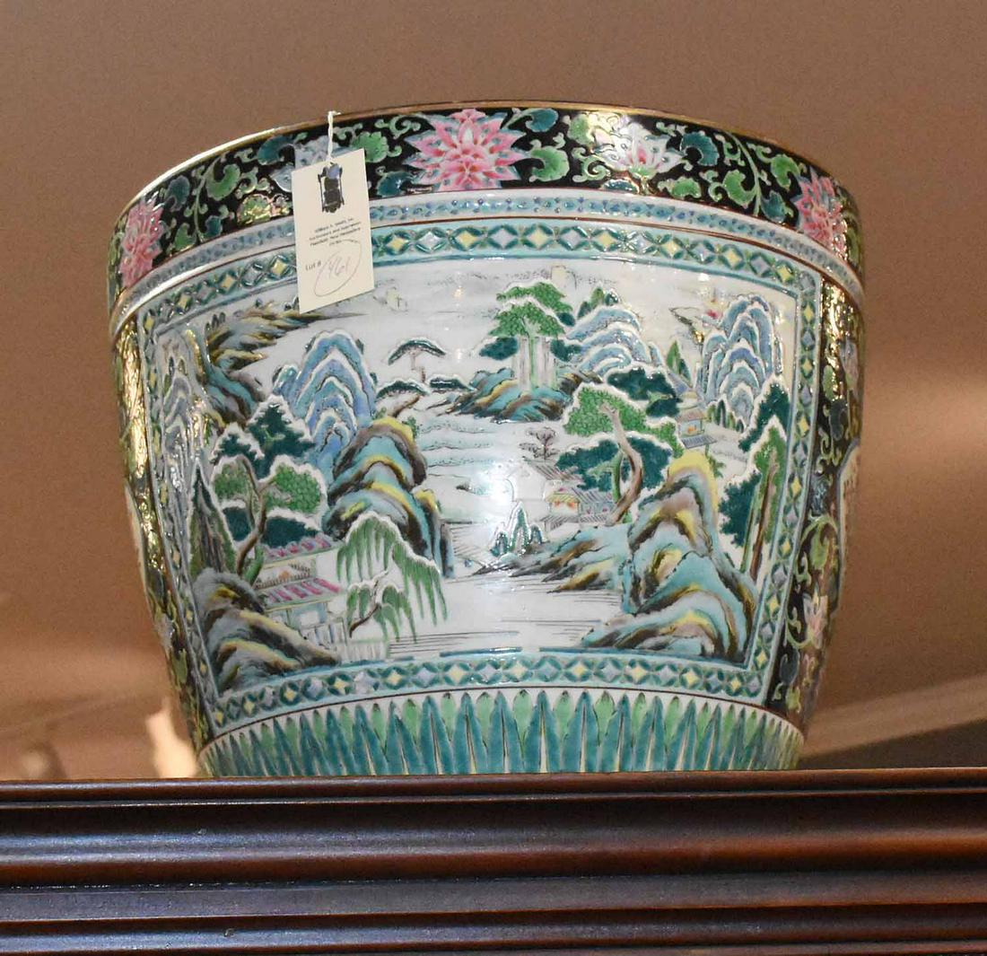 Asian famille rose and famille noire jardiniere: Asian famille rose and famille noire jardiniere, nicely enamel scenic decoration on either side with alternating bird cartouche 13"H x 15"D