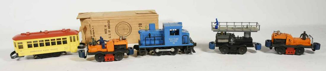 Lionel Motorized Units: Lionel Motorized Units, (2) 50 Gang Cars, 51 Navy Switcher, 60 Trolley, 69 Maintenance Car, Box for 68 Inspection Car