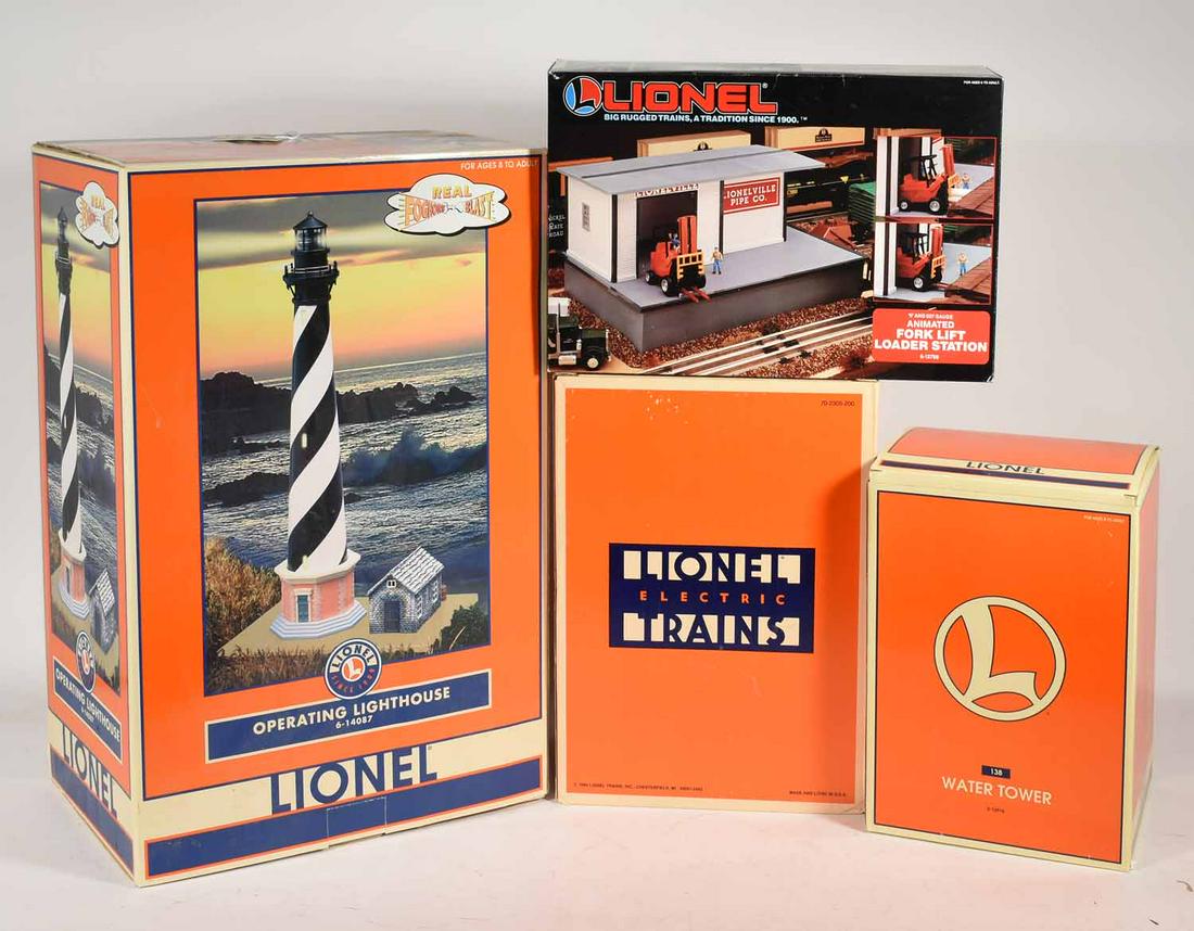 Lionel Accessories: Lionel Accessories, 12848 Oil Derrick, 12916 Water Tower, 12798 Fork lift Loader Station, 14087 Lighthouse, original boxes