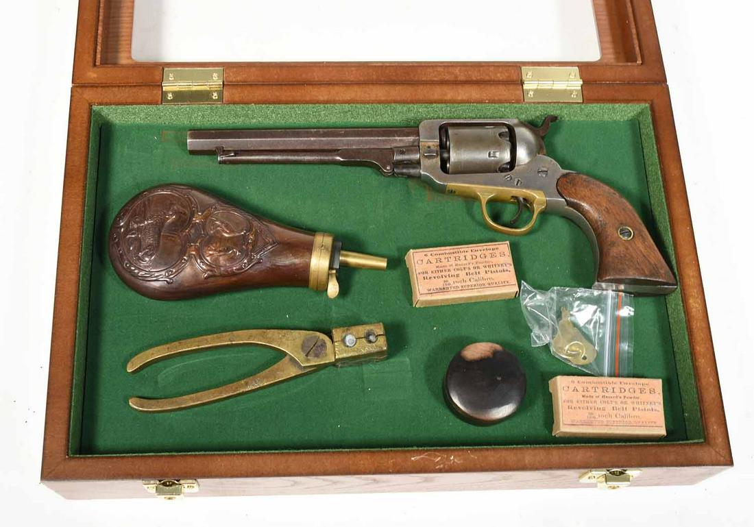 E. Whitney Civil War percussion cap revolver with: Eli Whitney Civil War era revolver with 5 3/8" octagonal barrel stamped E. Whitney N. Haven, serial # 27353, sold with accessories and nice display case - approx. 10.5" overall length