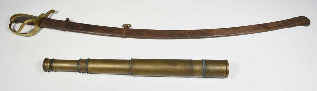 NCO Civil War era saber with scabbard, brass hilt &: Antique sword/ saber with blade marked NCO in original metal scabbard, curved blade length 32.75” - antique brass spotting scope, 20” L.