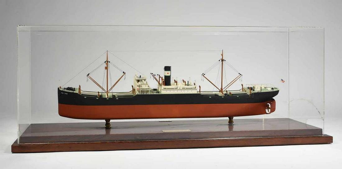 Boat model, Sea Star by Ed Anton: 1930's tramp steamer "Sea Star" boat model built by Ed Anton, in custom built plexiglass display case (damage) Ed Anton's ship building shop located on Queen Mary, Long Beach, CA - boat approx 25̶
