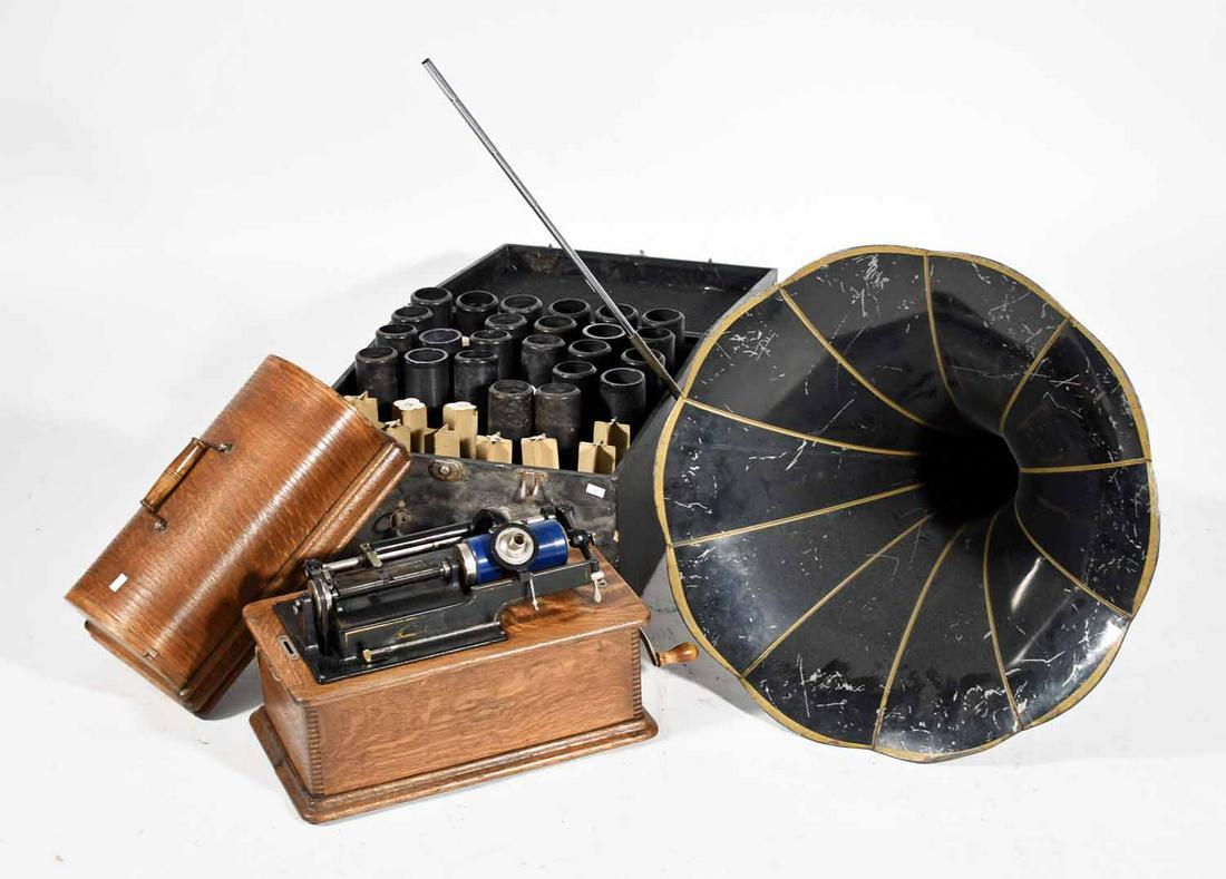 Edison Home Phonograph with records and horn: Edison Home phonograph with oak case, fitted box with records and horn, #300810
