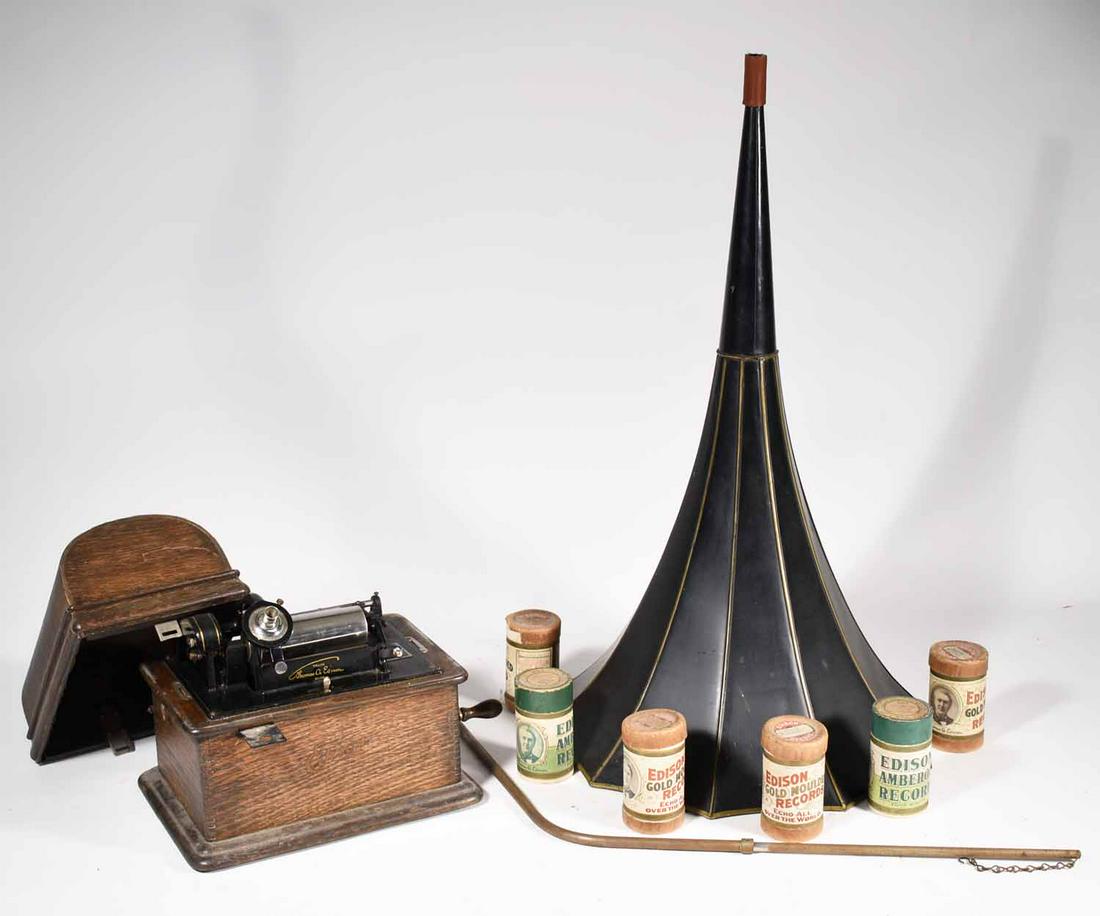 Edison Standard phonograph, with records and horn: Edison Standard phonograph with 6 records and horn, #575837, running order