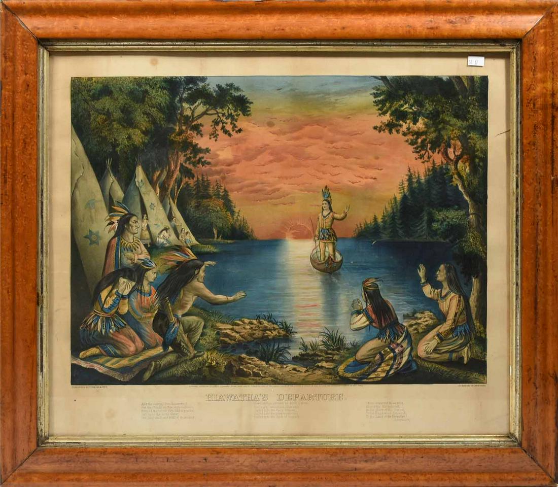 Currier & Ives, "Hiawatha's Departure" 1868: Currier & Ives lithograph with bold and strong colors “Hiawatha’s Departure” dated 1868, 18.5” X 22.5” (sight size) in birdseye maple frame.