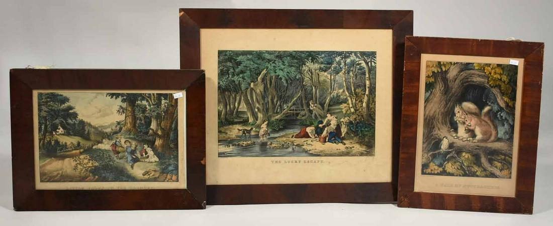 Currier & Ives and N. Currier lot: Currier & Ives: “Little Folks in The Country”, N. Currier, “The Lucky Escape” & “A Pair Of Nut Crackers” "Little Folks in the Country" - 9.5” X 13.5” (s