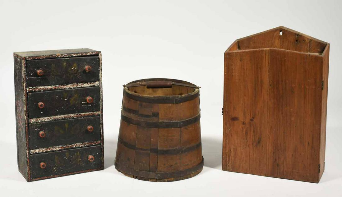 Country Lot: hanging cupboard and block of drawers: Pine hanging cupboard, 19.75” H X 12.75” W X 5.75” D along with a miniature four drawer chest in decoration, 16” H x 10.5” W X 5.5” D and Shaker pail, 11.5” H